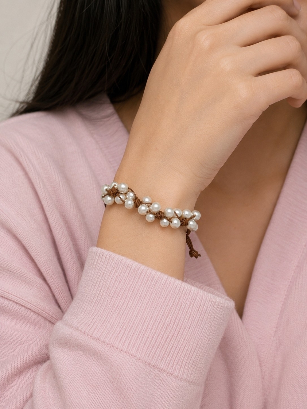 Pearl Beaded Wrap Bracelet - White Pearl on Brown Cord Adjustable